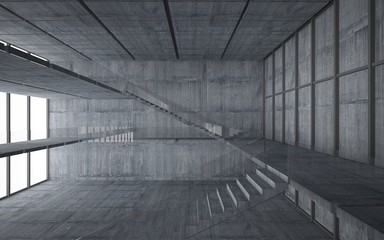 Abstract  concrete interior multilevel public space with window. 3D illustration and rendering.