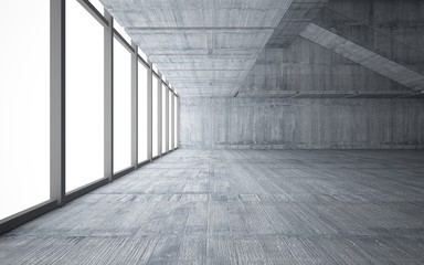 Abstract  concrete interior multilevel public space with window. 3D illustration and rendering.