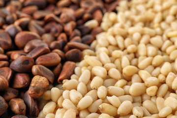 Pile of pine nuts as background, closeup