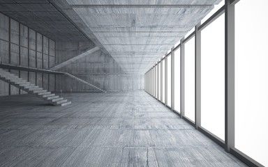 Abstract  concrete interior multilevel public space with window. 3D illustration and rendering.