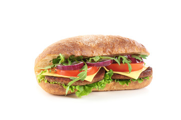 Yummy sandwich with cheese on white background