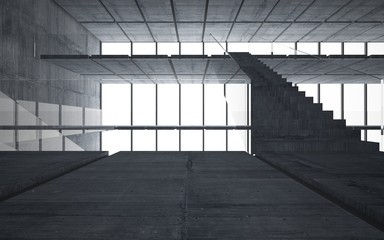 Abstract  concrete interior multilevel public space with window. 3D illustration and rendering.