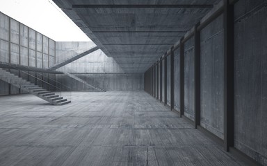 Abstract  concrete interior multilevel public space with window. 3D illustration and rendering.