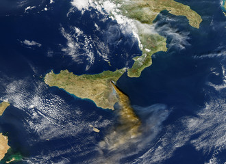 Satellite view of the volcano Mount Etna eruption in the island of Sicily.Elements of this image furnished by NASA.