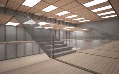 Obraz premium Abstract concrete and wood interior multilevel public space with neon lighting. 3D illustration and rendering.