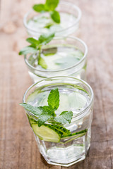 Cucumber water. Summer cool water with mint on table