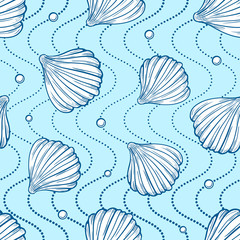 Sea shells and pearls on a blue dotted wavy background. Vector seamless pattern.
