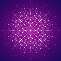 Geometric pattern with connected lines and dots. Vector illustration on violet background