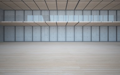Abstract  concrete and wood interior multilevel public space with window. 3D illustration and rendering.