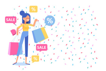 Young woman with shopping bags.  Mall shopping, on-line shopping. Big sale. Flat vector illustration.