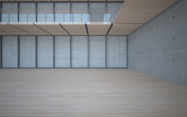 Abstract  concrete and wood interior multilevel public space with window. 3D illustration and rendering.