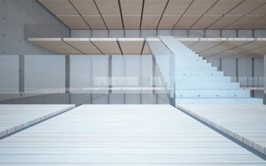 Obraz premium Abstract concrete and wood interior multilevel public space with window. 3D illustration and rendering.