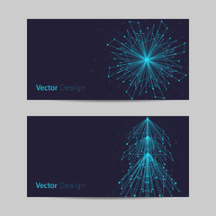 Set of horizontal banners. Abstract snowflake and fir tree made of connected lines and dots