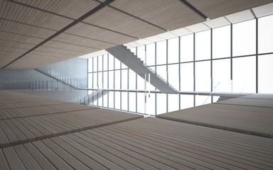 Abstract  concrete and wood interior multilevel public space with window. 3D illustration and rendering.