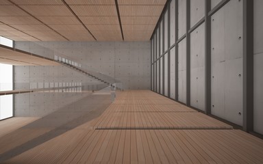 Abstract  concrete and wood interior multilevel public space with window. 3D illustration and rendering.