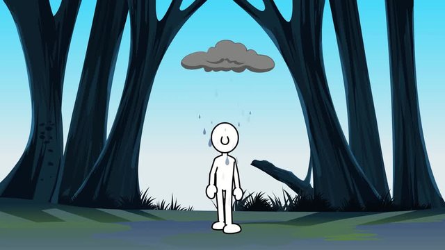 Mann, weiss, 2d, wird von Gewitterwolke verfolgt, Landschaft animiert