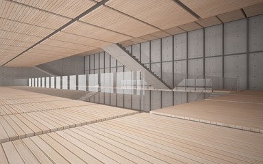 Abstract  concrete and wood interior multilevel public space with window. 3D illustration and rendering.
