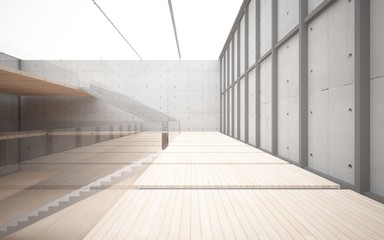 Abstract  concrete and wood interior multilevel public space with window. 3D illustration and rendering.