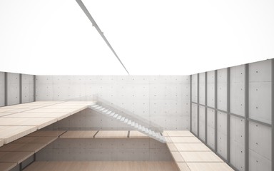 Abstract  concrete and wood interior multilevel public space with window. 3D illustration and rendering.