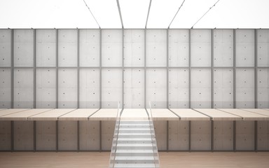 Abstract  concrete and wood interior multilevel public space with window. 3D illustration and rendering.