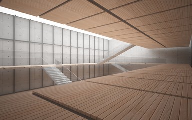 Fototapeta premium Abstract concrete and wood interior multilevel public space with window. 3D illustration and rendering.