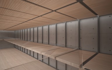 Abstract  concrete and wood interior multilevel public space with window. 3D illustration and rendering.