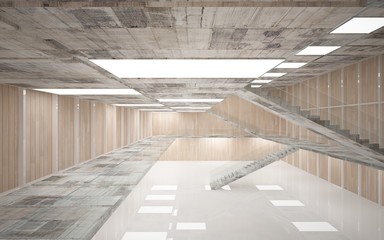 Abstract  concrete and wood interior multilevel public space with neon lighting. 3D illustration and rendering.