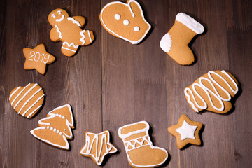 ginger biscuit  on brown background. Close up  . Copy space