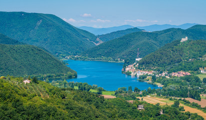 Naklejka na ściany i meble Panoramic sight of the Piediluco Lake as seen from Labro. Province of Rieti, Lazio, Italy.