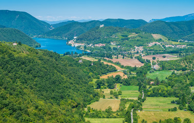 Fototapeta na wymiar Panoramic sight of the Piediluco Lake as seen from Labro. Province of Rieti, Lazio, Italy.