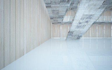Abstract  concrete and wood interior multilevel public space with window. 3D illustration and rendering.