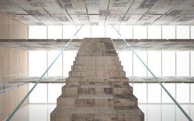 Obraz premium Abstract concrete and wood interior multilevel public space with window. 3D illustration and rendering.