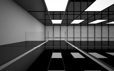 Abstract white and black interior multilevel public space with neon lighting. 3D illustration and rendering.