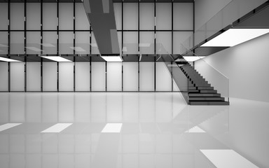 Abstract white and black interior multilevel public space with neon lighting. 3D illustration and rendering.