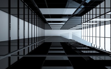 Abstract white and black interior multilevel public space with window. 3D illustration and rendering.