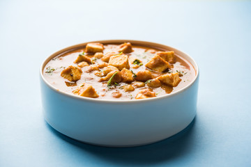 Chole Paneer curry made using boiled chickpea with cottage cheese with spices. Popular North Indian recipe. served in a bowl or serving pan. Selective focus