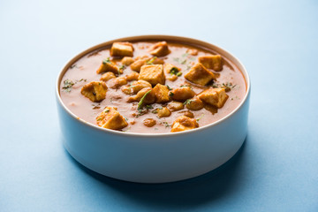 Chole Paneer curry made using boiled chickpea with cottage cheese with spices. Popular North Indian recipe. served in a bowl or serving pan. Selective focus
