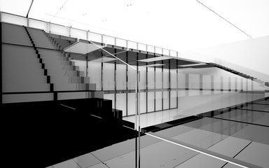 Abstract white and black interior multilevel public space with window. 3D illustration and rendering.