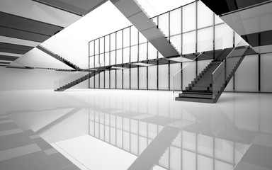 Abstract white and black interior multilevel public space with window. 3D illustration and rendering.