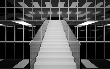 Abstract white and black interior multilevel public space with neon lighting. 3D illustration and rendering.