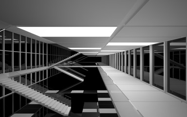Obraz premium Abstract white and black interior multilevel public space with neon lighting. 3D illustration and rendering.