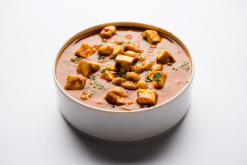 Chole Paneer curry made using boiled chickpea with cottage cheese with spices. Popular North Indian recipe. served in a bowl or serving pan. Selective focus