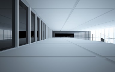 Abstract white and black interior multilevel public space with window. 3D illustration and rendering.