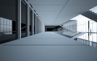 Abstract white and black interior multilevel public space with window. 3D illustration and rendering.