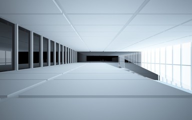 Obraz premium Streszczenie biało-czarne wnętrze wielopoziomowej przestrzeni publicznej z oknem. Ilustracja i renderowanie 3D.