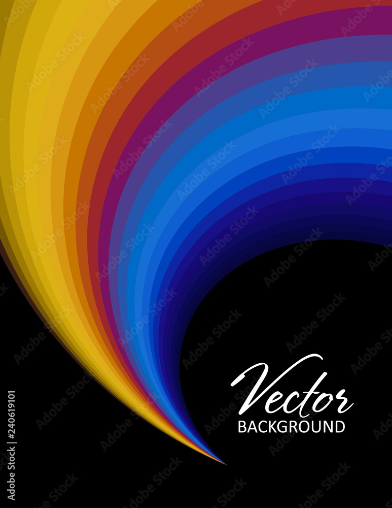 Poster Color trail. Template with multicolored curl on black. Iridescent vector graphics