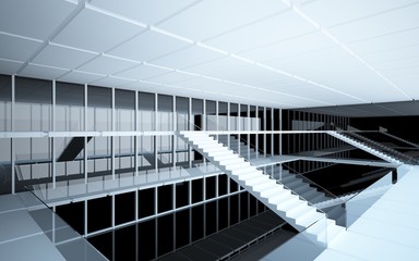 Abstract white and black interior multilevel public space with window. 3D illustration and rendering.