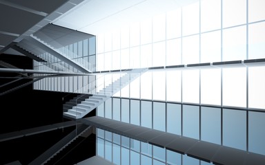 Obraz premium Abstract white and black interior multilevel public space with window. 3D illustration and rendering.