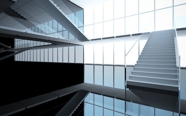 Obraz premium Abstract white and black interior multilevel public space with window. 3D illustration and rendering.