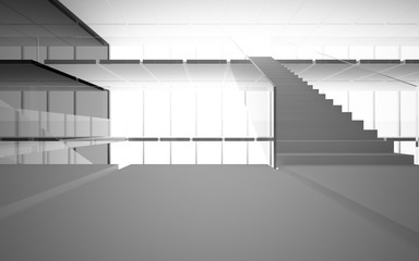 Abstract white and black interior multilevel public space with window. 3D illustration and rendering.